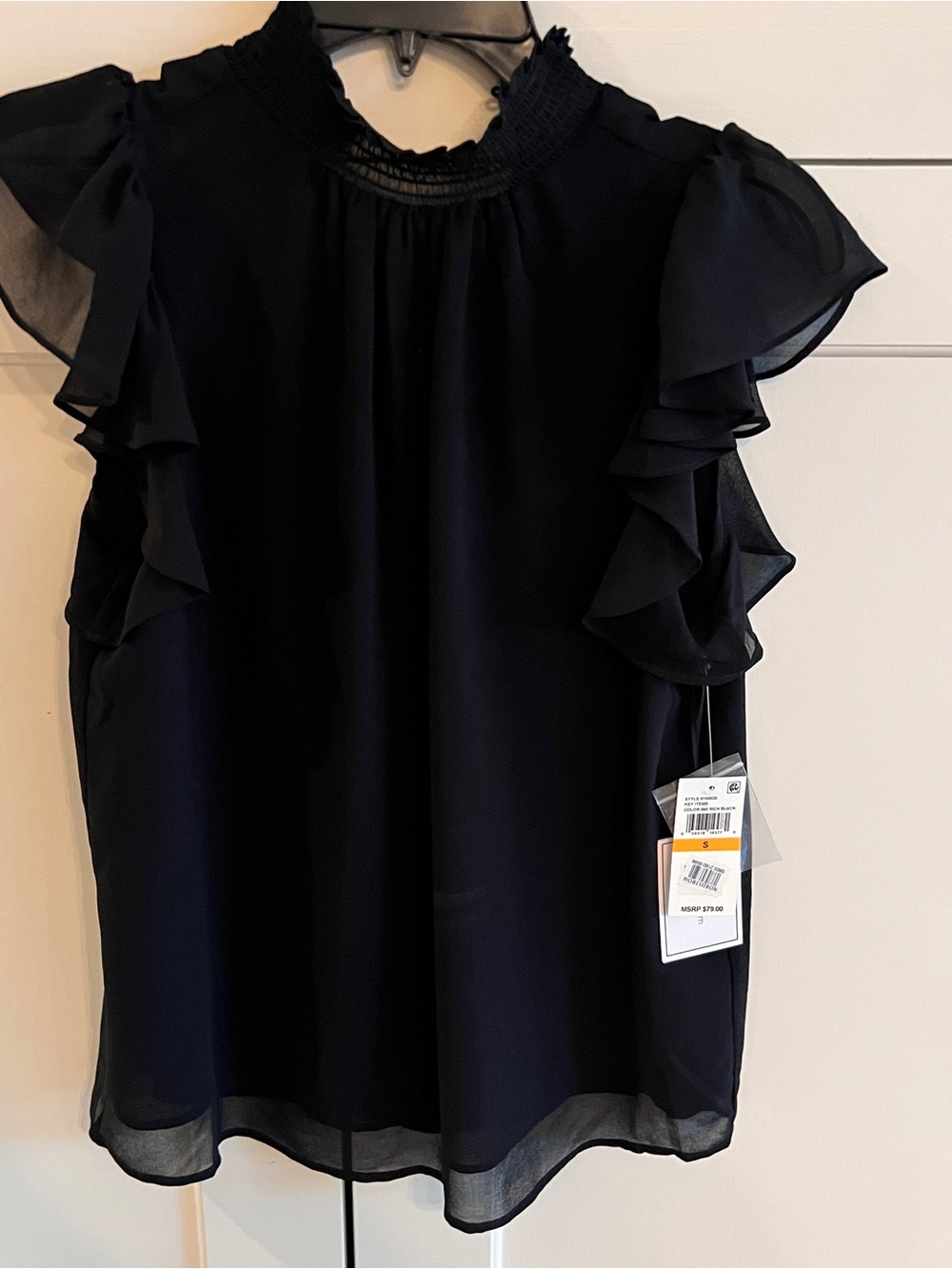 1. STATE black Flutter-Sleeve Smocked Neck Blouse-small